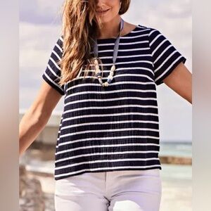 J. Jill 100% Cotton Gauze Striped Short Sleeve Top Navy White L Coastal Preppy
